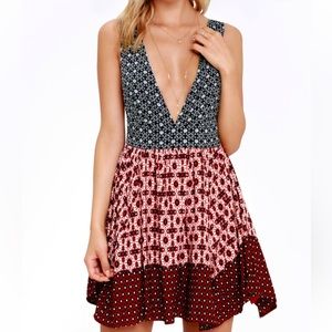 Lulus La Vie En Roses Navy Blue And Red Floral Print Dress, Size S